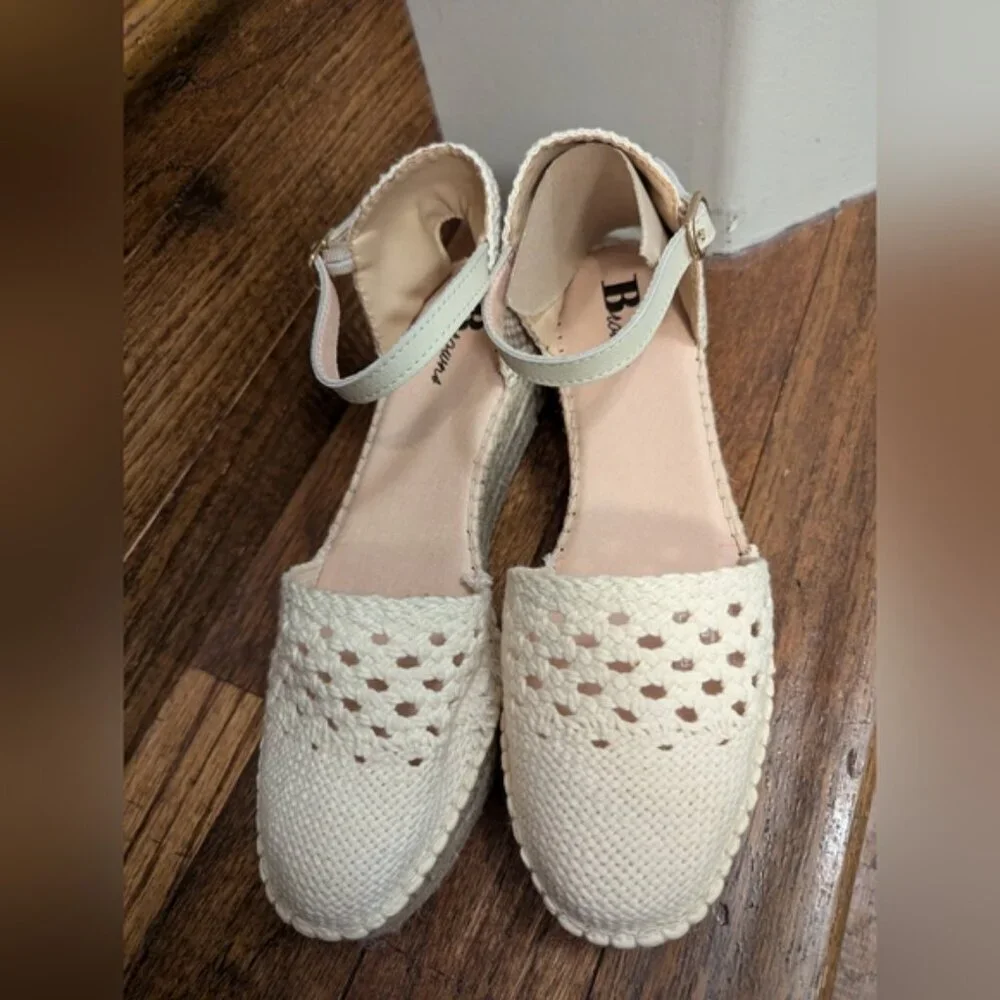 Browns Crochet Espadrille Sandal, cream Woven Fabric Jute Platform SZ 11 EU 41